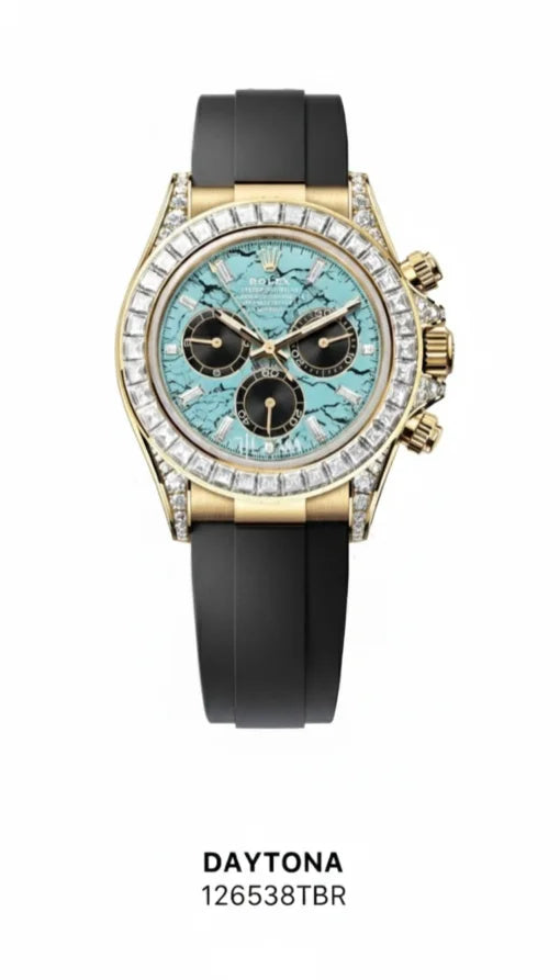 ROLEX DAYTONA YELLOW GOLD TURQUOISE DIAMOND DIAL & BEZEL OYSTERFLEX STRAP