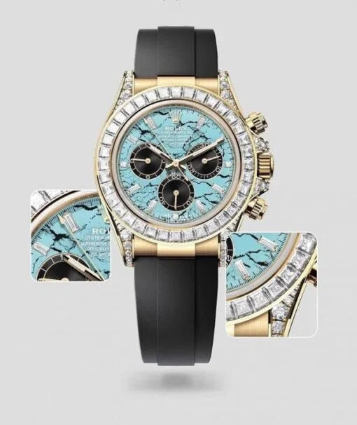 ROLEX DAYTONA YELLOW GOLD TURQUOISE DIAMOND DIAL & BEZEL OYSTERFLEX STRAP